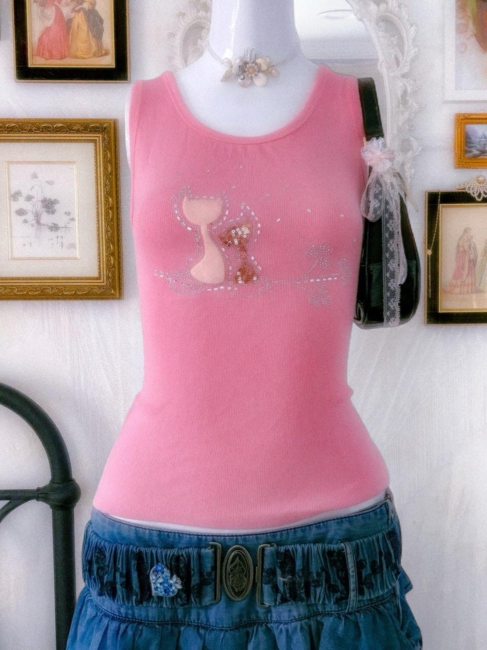 McBling bubblegum glam girly cat sequin beading rhinestone cotton blend tank